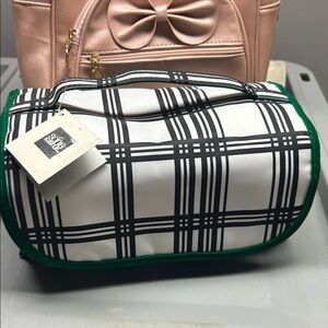 Sonia Kashuk Black and White Plaid Cosmetic Bag with Green‎ Trim Quad Valet NWT